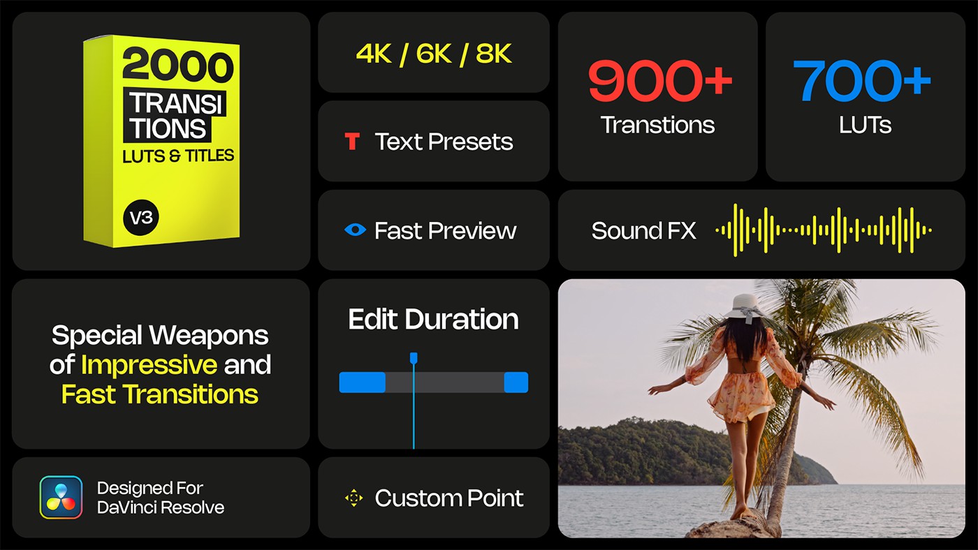 达芬奇预设:2000+达芬奇转场过渡/淡入淡出/缩放/相机对焦/故障毛刺/TV/马赛克/视频特效相机取景器预设插件 + 标题文字动画 + LUTs + 音效 Transitions, Luts and Titles | DaVinci Resolve , 第2张-素材湾丨精选海外优质设计素材资源 达芬奇预设:2000+达芬奇转场过渡/淡入淡出/缩放/相机对焦/故障毛刺/TV/马赛克/视频特效相机取景器预设插件 + 标题文字动画 + LUTs + 音效 Transitions, Luts and Titles | DaVinci Resolve , sucaiwan.com