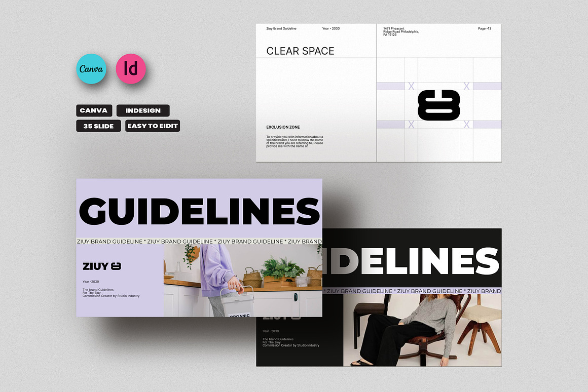 35页现代极简品牌指南VI手册项目提案策划作品集展示Canva在线模板 & InDesign 模板幻灯片演示文稿设计套装ZIUY / Brand Guidelines Template 幻灯图表 第1张-素材湾丨精选海外优质设计素材资源 35页现代极简品牌指南VI手册项目提案策划作品集展示Canva在线模板 & InDesign 模板幻灯片演示文稿设计套装ZIUY / Brand Guidelines Template 幻灯图表 sucaiwan.com