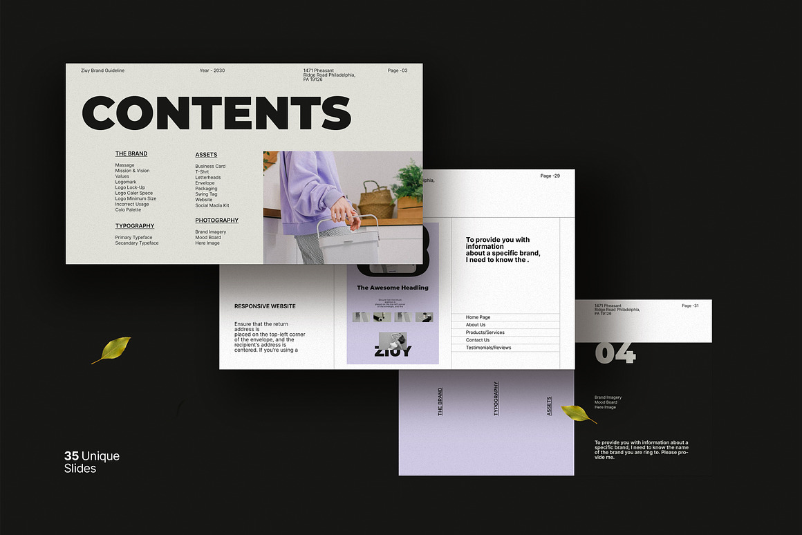 35页现代极简品牌指南VI手册项目提案策划作品集展示Canva在线模板 & InDesign 模板幻灯片演示文稿设计套装ZIUY / Brand Guidelines Template 幻灯图表 第2张-素材湾丨精选海外优质设计素材资源 35页现代极简品牌指南VI手册项目提案策划作品集展示Canva在线模板 & InDesign 模板幻灯片演示文稿设计套装ZIUY / Brand Guidelines Template 幻灯图表 sucaiwan.com