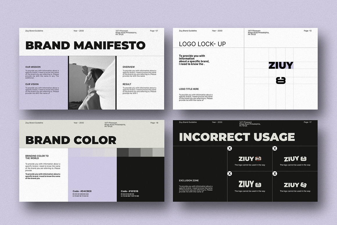 35页现代极简品牌指南VI手册项目提案策划作品集展示Canva在线模板 & InDesign 模板幻灯片演示文稿设计套装ZIUY / Brand Guidelines Template 幻灯图表 第7张-素材湾丨精选海外优质设计素材资源 35页现代极简品牌指南VI手册项目提案策划作品集展示Canva在线模板 & InDesign 模板幻灯片演示文稿设计套装ZIUY / Brand Guidelines Template 幻灯图表 sucaiwan.com