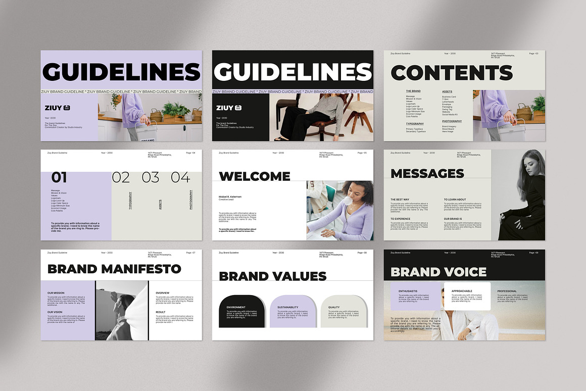 35页现代极简品牌指南VI手册项目提案策划作品集展示Canva在线模板 & InDesign 模板幻灯片演示文稿设计套装ZIUY / Brand Guidelines Template 幻灯图表 第8张-素材湾丨精选海外优质设计素材资源 35页现代极简品牌指南VI手册项目提案策划作品集展示Canva在线模板 & InDesign 模板幻灯片演示文稿设计套装ZIUY / Brand Guidelines Template 幻灯图表 sucaiwan.com