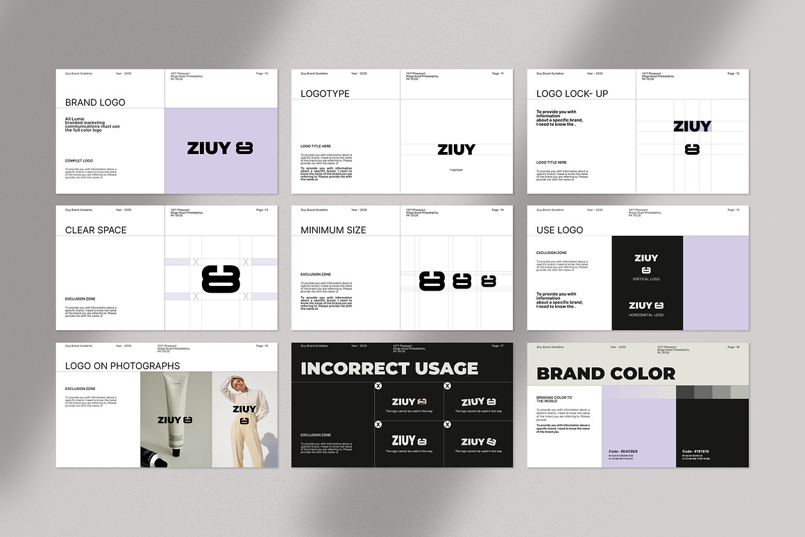 35页现代极简品牌指南VI手册项目提案策划作品集展示Canva在线模板 & InDesign 模板幻灯片演示文稿设计套装ZIUY / Brand Guidelines Template 幻灯图表 第9张-素材湾丨精选海外优质设计素材资源 35页现代极简品牌指南VI手册项目提案策划作品集展示Canva在线模板 & InDesign 模板幻灯片演示文稿设计套装ZIUY / Brand Guidelines Template 幻灯图表 sucaiwan.com