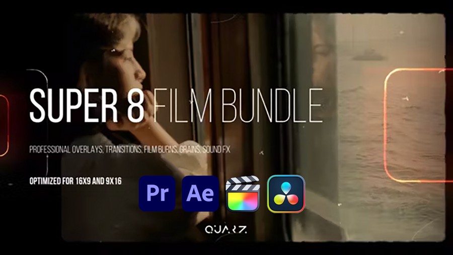 AE/PR/FCPX/达芬奇模板四合一复古怀旧胶片漏光划痕颗粒模板/叠加/音效/LUT素材Super 8 Film Bundle 影视音频 sucaiwan.com