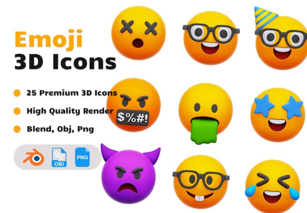 25款卡通趣味Emoji表情符号3D图标Icons设计Blender/PNG/OBJ格式素材 Emoji 3D Icons Set 图标素材 第1张-素材湾丨精选海外优质设计素材资源 25款卡通趣味Emoji表情符号3D图标Icons设计Blender/PNG/OBJ格式素材 Emoji 3D Icons Set 图标素材 sucaiwan.com