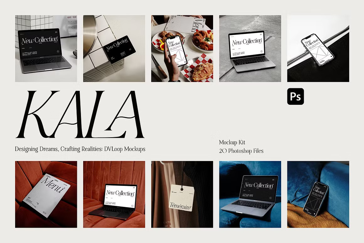20款优雅品牌VI设计MacBook电脑iPhone手机画册服装吊牌展示Ps贴图效果图样机模板 KALA Mockup Collection 样机素材 sucaiwan.com