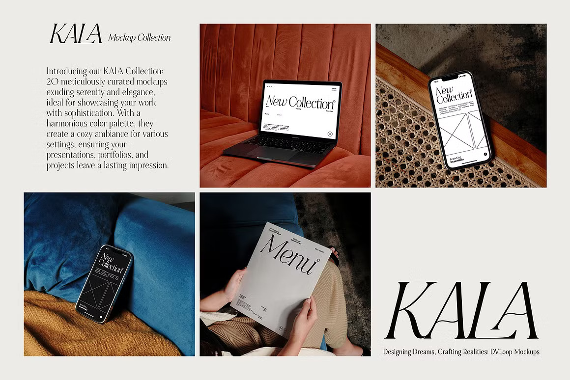 20款优雅品牌VI设计MacBook电脑iPhone手机画册服装吊牌展示Ps贴图效果图样机模板 KALA Mockup Collection 样机素材 sucaiwan.com