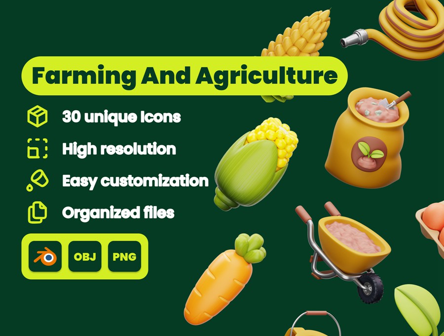 30款农业农场农作物粮食食物3D插图图标Icons设计Blender/OBJ/PNG格式素材 Farming And Agriculture 3D Illustration Pack 图标素材 sucaiwan.com