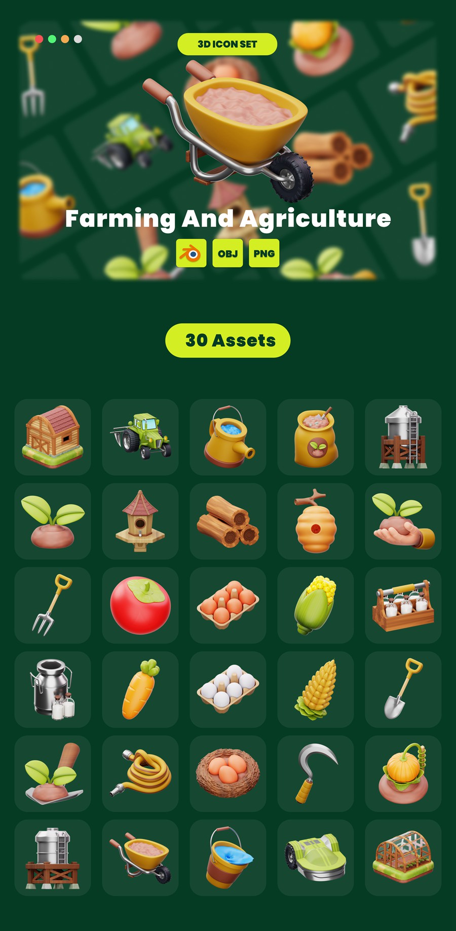30款农业农场农作物粮食食物3D插图图标Icons设计Blender/OBJ/PNG格式素材 Farming And Agriculture 3D Illustration Pack 图标素材 sucaiwan.com