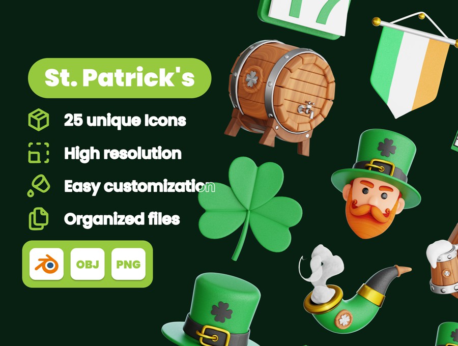 25款英伦圣帕特里克节爱尔兰风3D立体图标Icons设计Blender/OBJ/PNG格式素材 St. Patrick’s Day 3D Illustration Pack 图标素材 第1张-素材湾丨精选海外优质设计素材资源 25款英伦圣帕特里克节爱尔兰风3D立体图标Icons设计Blender/OBJ/PNG格式素材 St. Patrick’s Day 3D Illustration Pack 图标素材 sucaiwan.com
