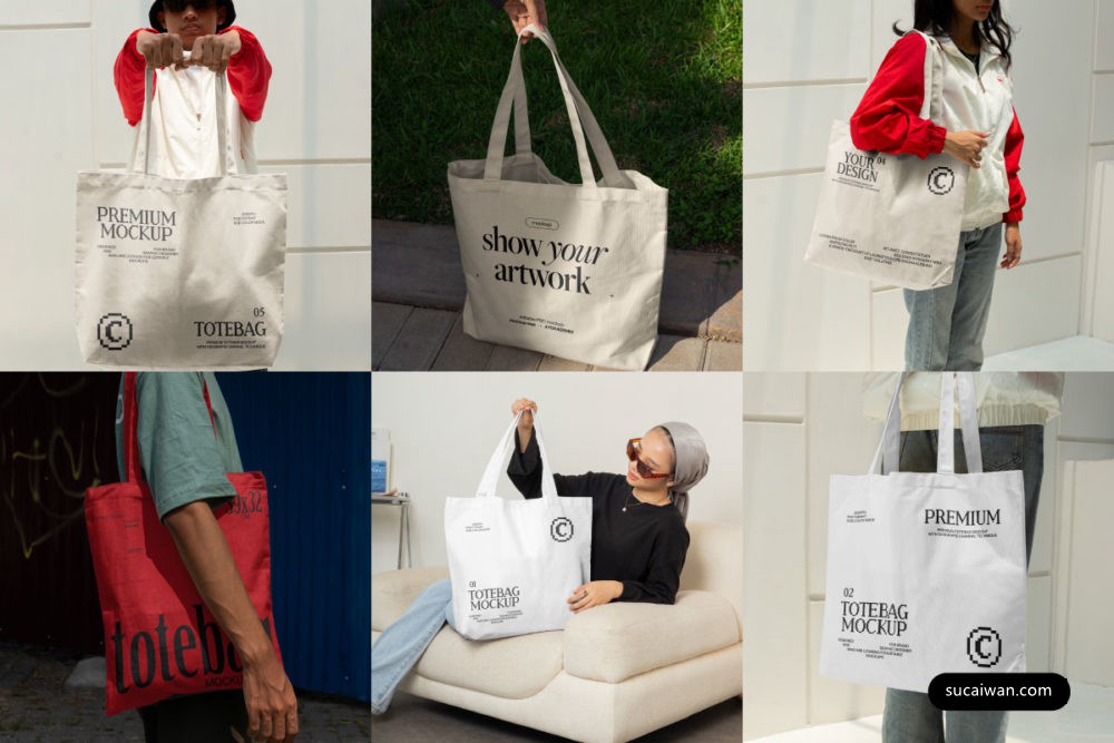 7款时尚品牌Vi设计手提帆布袋无纺布袋展示效果图PS贴图样机模板素材 dekgrafis – Tote Bag Mockups Vol 2 样机素材 sucaiwan.com