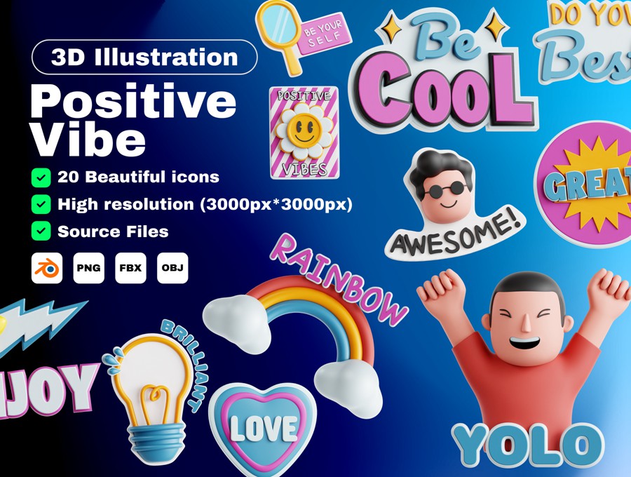 20款卡通趣味3D立体贴纸图标Icons设计Blender/OBJ/PNG格式素材 Positive Vibe 3D Icon Set 图标素材 sucaiwan.com