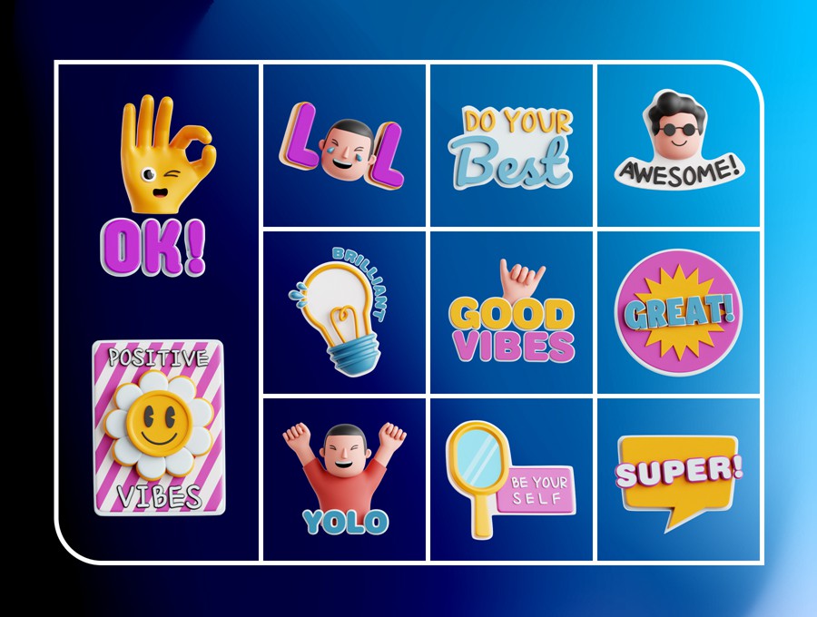 20款卡通趣味3D立体贴纸图标Icons设计Blender/OBJ/PNG格式素材 Positive Vibe 3D Icon Set 图标素材 sucaiwan.com