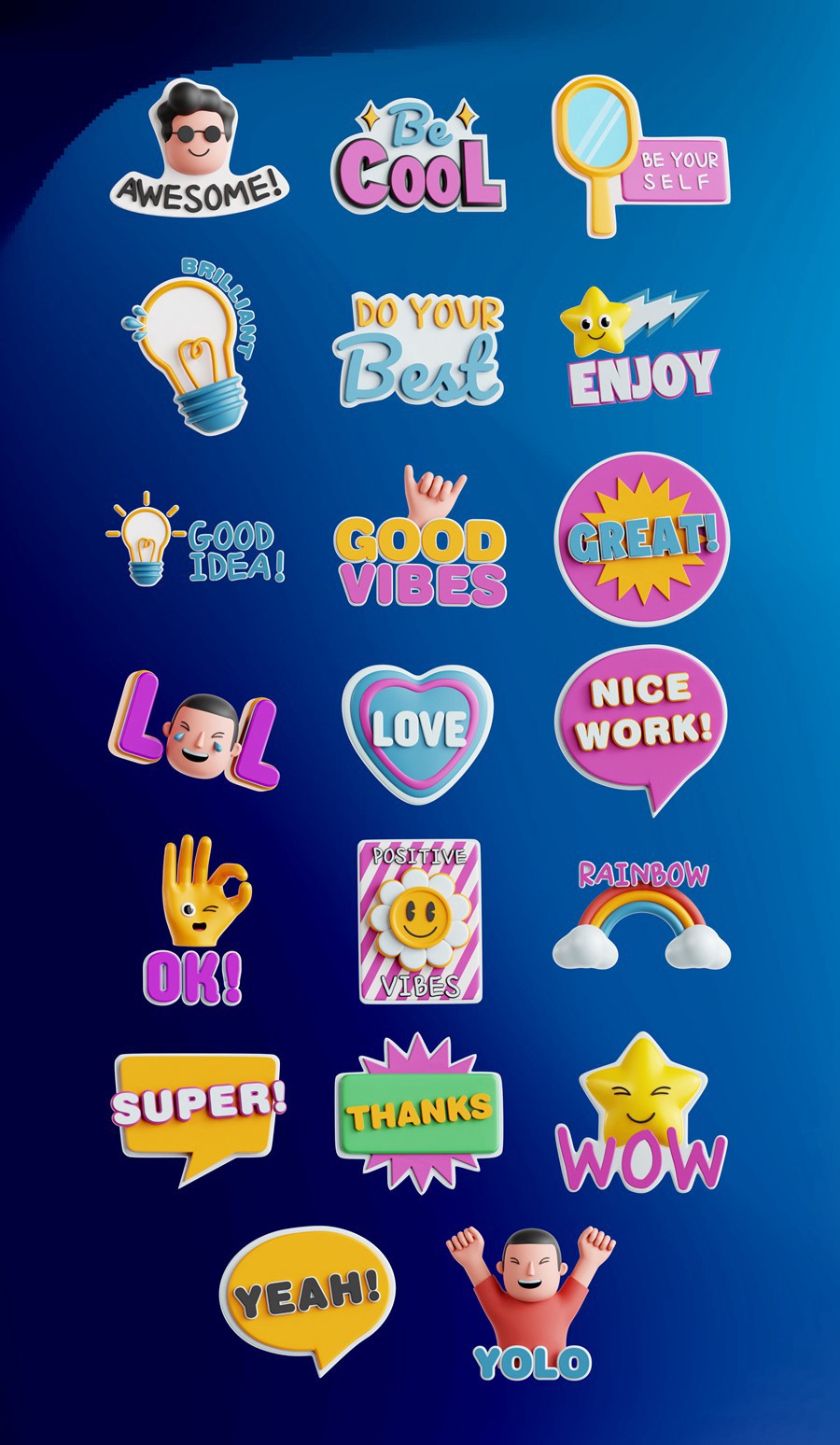 20款卡通趣味3D立体贴纸图标Icons设计Blender/OBJ/PNG格式素材 Positive Vibe 3D Icon Set 图标素材 sucaiwan.com