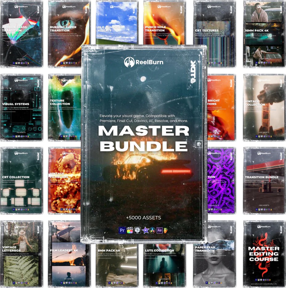 影视后期制作特效复古胶片模拟/纸张/宝丽来/CRT/字母数字动画/玻璃/像素/火焰燃烧/撕裂/漏光/棱镜/SFX音效/拼贴艺术转场过渡动画视觉超级套装包 MASTER BUNDLE - REELBURN 影视音频 sucaiwan.com
