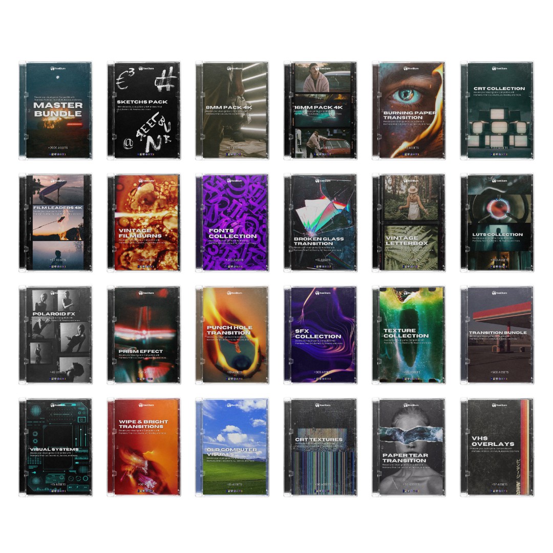 影视后期制作特效复古胶片模拟/纸张/宝丽来/CRT/字母数字动画/玻璃/像素/火焰燃烧/撕裂/漏光/棱镜/SFX音效/拼贴艺术转场过渡动画视觉超级套装包 MASTER BUNDLE - REELBURN 影视音频 sucaiwan.com