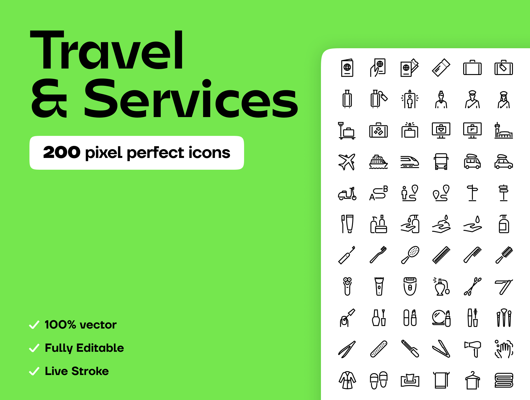 200款旅行渡假服务矢量线稿APP网站图标Icons设计AI/EPS/PNG格式素材 Travel & Services 图标素材 sucaiwan.com