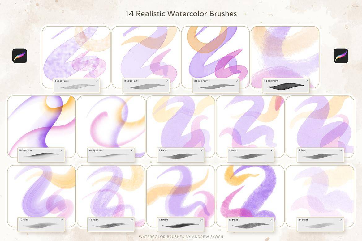 48款真实水彩艺术绘画插画procreate笔刷纸张纹理设计素材套装 Realistic Watercolor Procreate Brushes 笔刷资源 sucaiwan.com