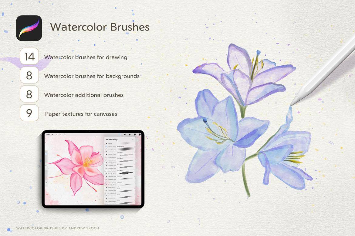48款真实水彩艺术绘画插画procreate笔刷纸张纹理设计素材套装 Realistic Watercolor Procreate Brushes 笔刷资源 sucaiwan.com