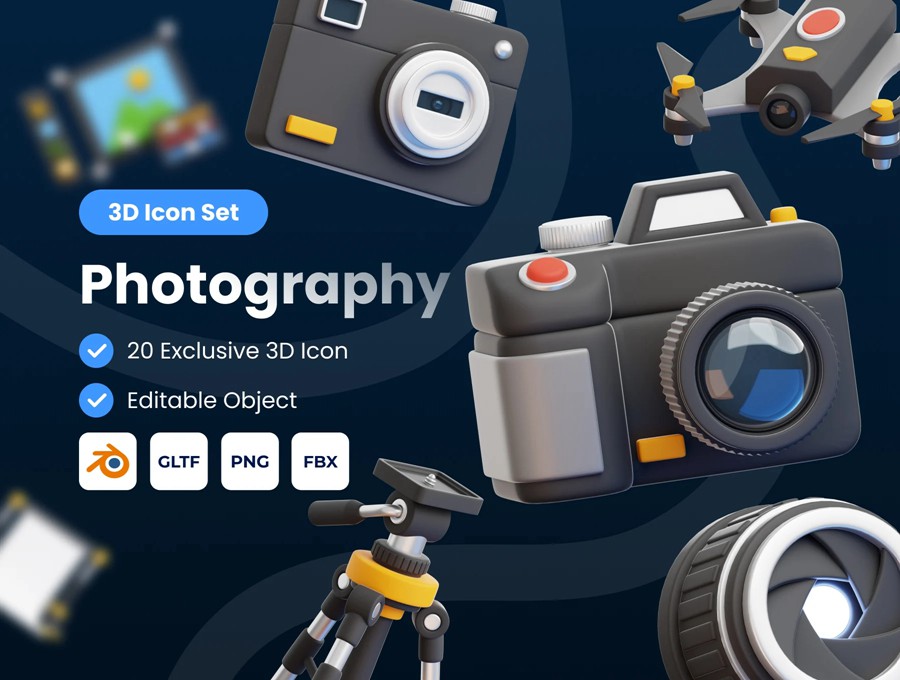 20款质感摄影拍摄相机设备3D立体图标Icons设计Blender/FBX/PNG格式素材 Photography 3D Icon Set 图标素材 sucaiwan.com