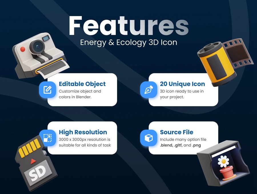 20款质感摄影拍摄相机设备3D立体图标Icons设计Blender/FBX/PNG格式素材 Photography 3D Icon Set 图标素材 sucaiwan.com