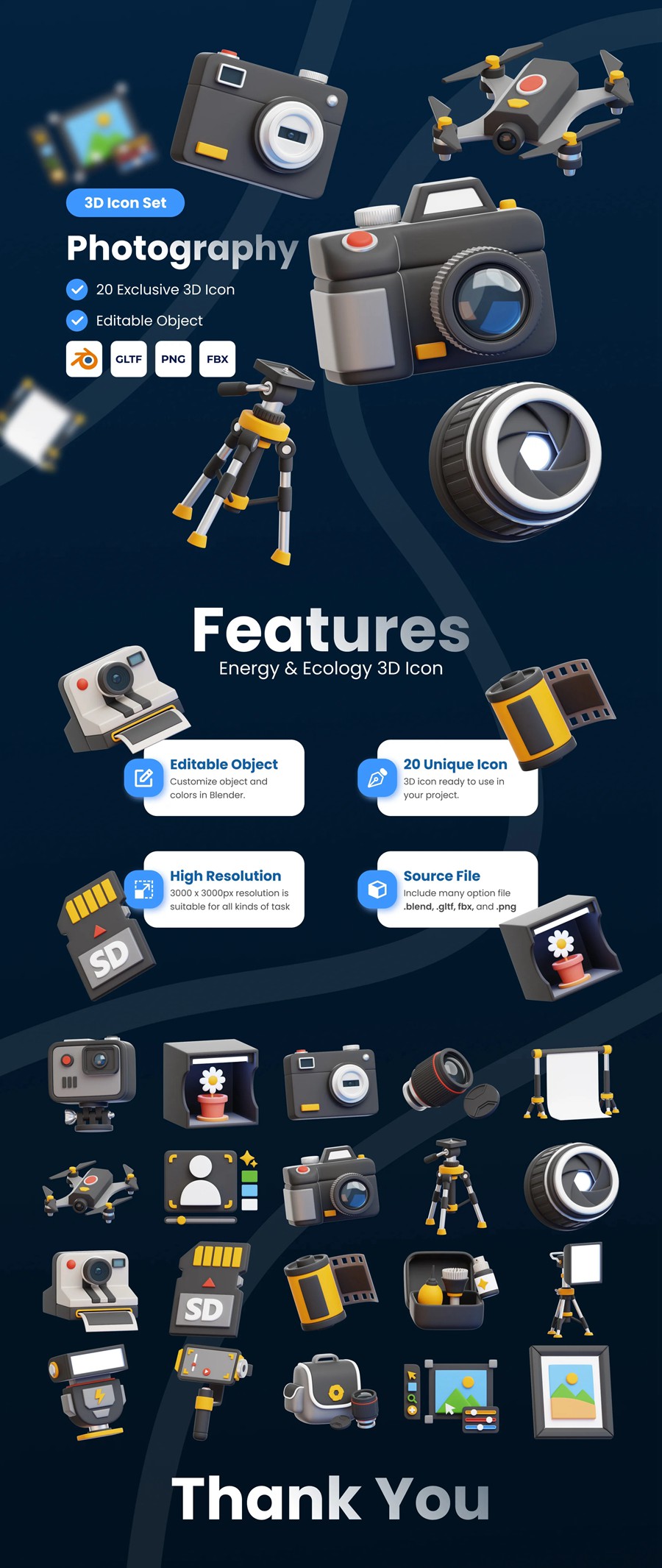 20款质感摄影拍摄相机设备3D立体图标Icons设计Blender/FBX/PNG格式素材 Photography 3D Icon Set 图标素材 sucaiwan.com