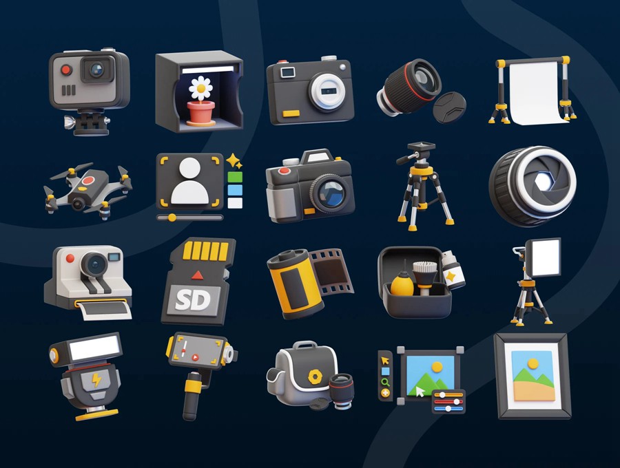 20款质感摄影拍摄相机设备3D立体图标Icons设计Blender/FBX/PNG格式素材 Photography 3D Icon Set 图标素材 sucaiwan.com