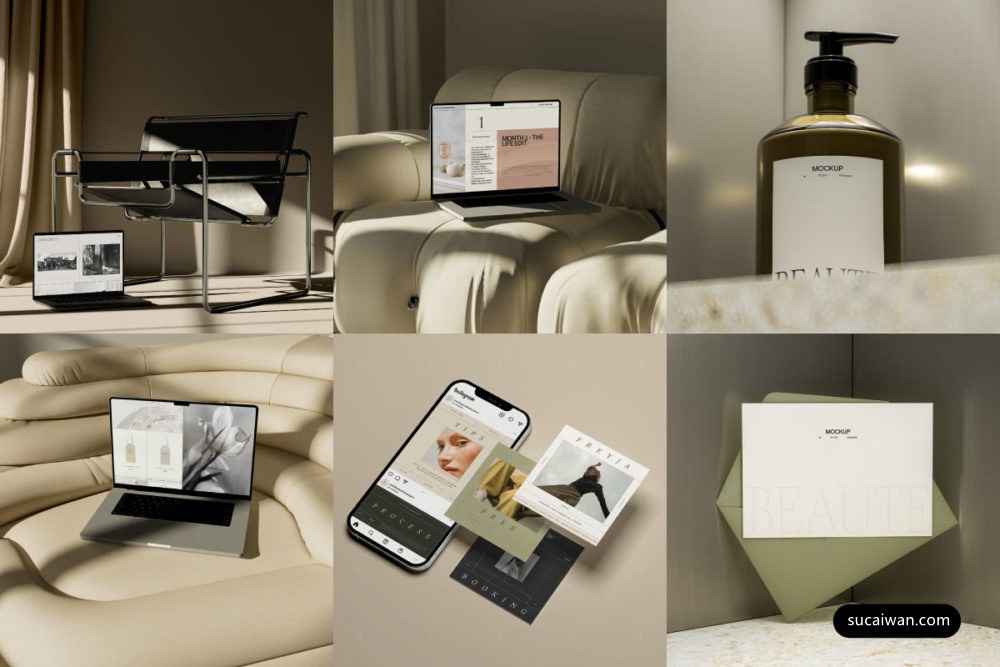 10款欧美风MacBook电脑iPhone手机名片单页按压瓶VI贴图PSD样机模板 Studio Standard – Brand Mockup Collection Vol 1 , sucaiwan.com