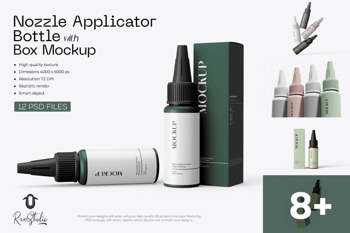 13款简约药物化妆品滴管瓶挤压瓶包装盒设计PS展示贴图效果图样机模板 Nozzle Applicator Bottle Mockup with Box 1oz 样机素材 第1张-素材湾丨精选海外优质设计素材资源 13款简约药物化妆品滴管瓶挤压瓶包装盒设计PS展示贴图效果图样机模板 Nozzle Applicator Bottle Mockup with Box 1oz 样机素材 sucaiwan.com