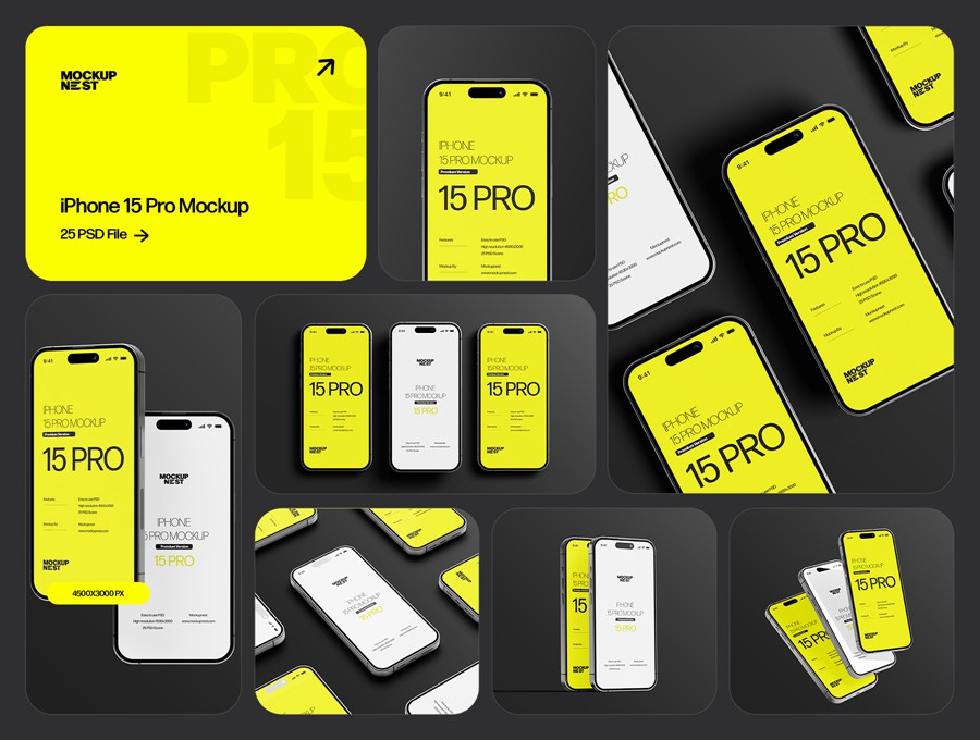 25款时尚简约app ui界面设计苹果iPhone15 Pro展示效果图Ps贴图样机模板 iPhone 15 Pro Mockup Set 样机素材 第1张-素材湾丨精选海外优质设计素材资源 25款时尚简约app ui界面设计苹果iPhone15 Pro展示效果图Ps贴图样机模板 iPhone 15 Pro Mockup Set 样机素材 sucaiwan.com