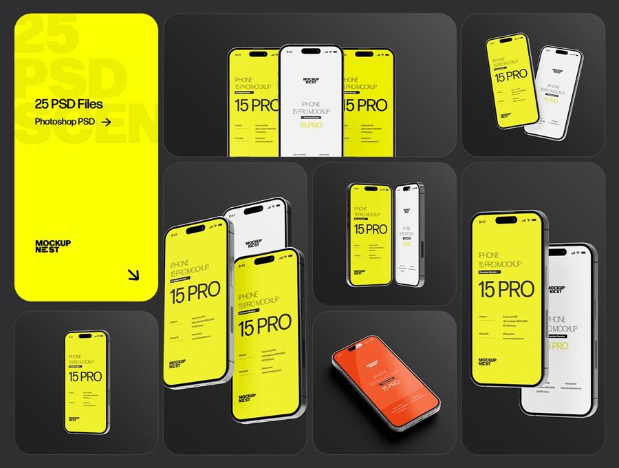 25款时尚简约app ui界面设计苹果iPhone15 Pro展示效果图Ps贴图样机模板 iPhone 15 Pro Mockup Set 样机素材 第2张-素材湾丨精选海外优质设计素材资源 25款时尚简约app ui界面设计苹果iPhone15 Pro展示效果图Ps贴图样机模板 iPhone 15 Pro Mockup Set 样机素材 sucaiwan.com