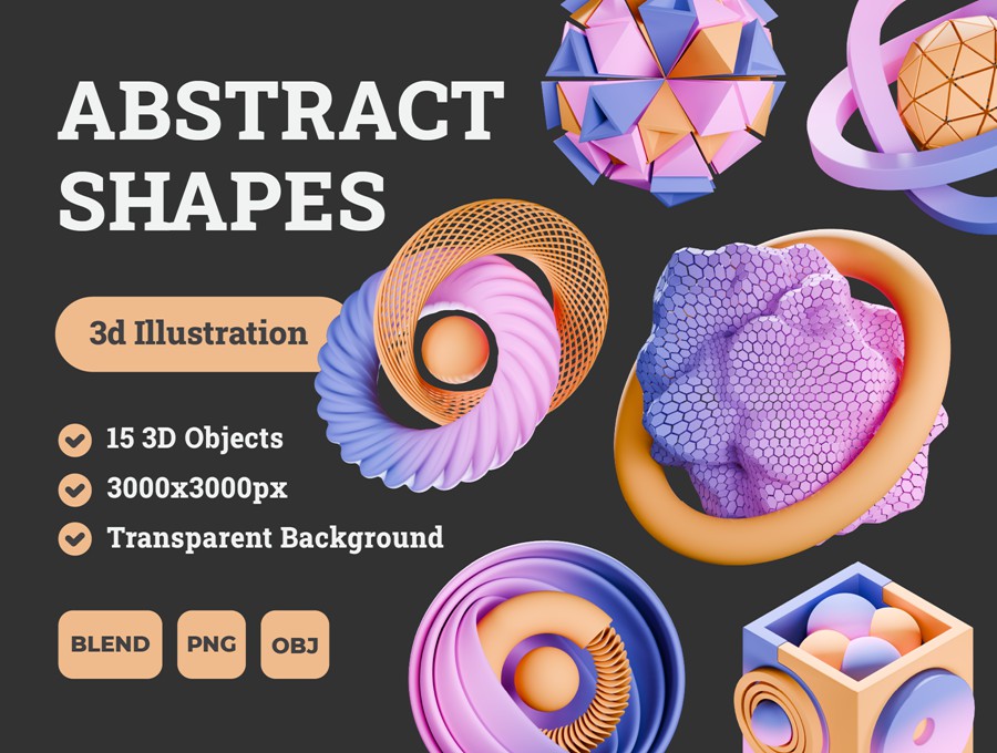 15款抽象3D立体几何图形插图图标Icons设计blender/png格式素材 Abstract Shapes 3d Illustration Pack 图标素材 sucaiwan.com