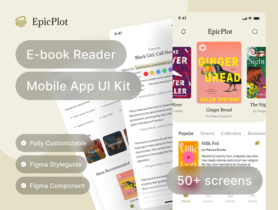 50+屏电子书小说阅读器书店APP软件UI界面设计Figma模板素材 Epicplot – Ebook and Novel Reader UI Kit Template APP UI sucaiwan.com
