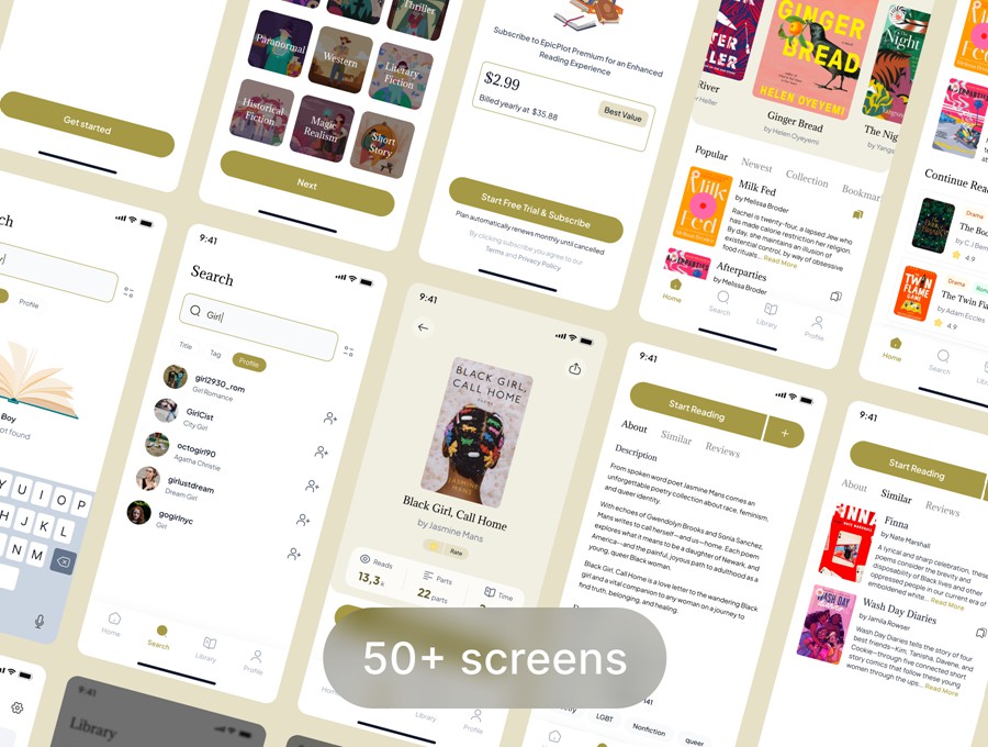 50+屏电子书小说阅读器书店APP软件UI界面设计Figma模板素材 Epicplot – Ebook and Novel Reader UI Kit Template APP UI sucaiwan.com