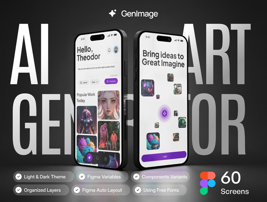 60+屏Ai智能艺术图片图像生成器APP UI界面设计Figma模板套件素材 GenImage – AI Art Generator UI KIT APP UI sucaiwan.com