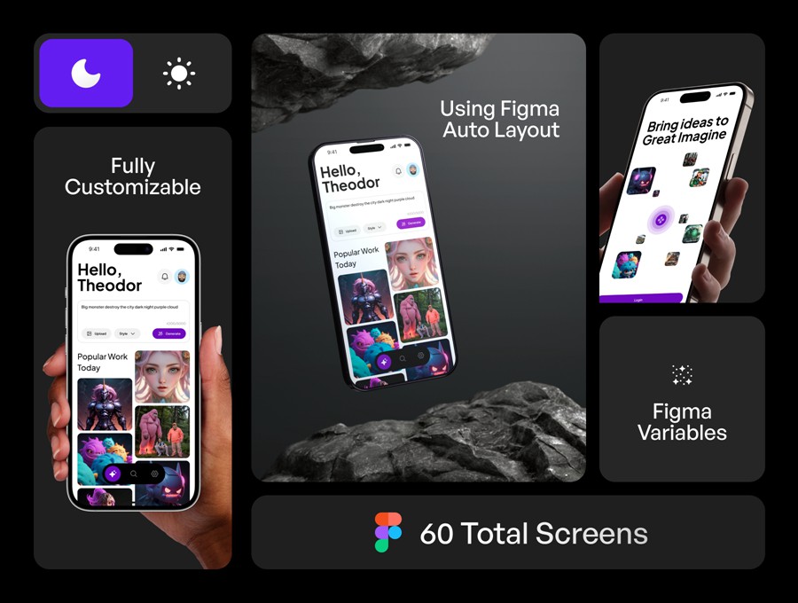 60+屏Ai智能艺术图片图像生成器APP UI界面设计Figma模板套件素材 GenImage – AI Art Generator UI KIT APP UI sucaiwan.com