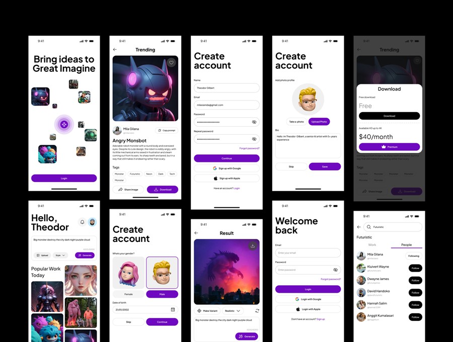 60+屏Ai智能艺术图片图像生成器APP UI界面设计Figma模板套件素材 GenImage – AI Art Generator UI KIT APP UI sucaiwan.com