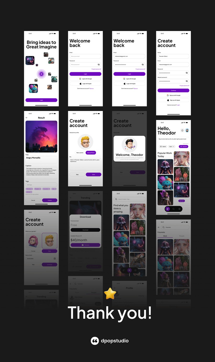 60+屏Ai智能艺术图片图像生成器APP UI界面设计Figma模板套件素材 GenImage – AI Art Generator UI KIT APP UI sucaiwan.com