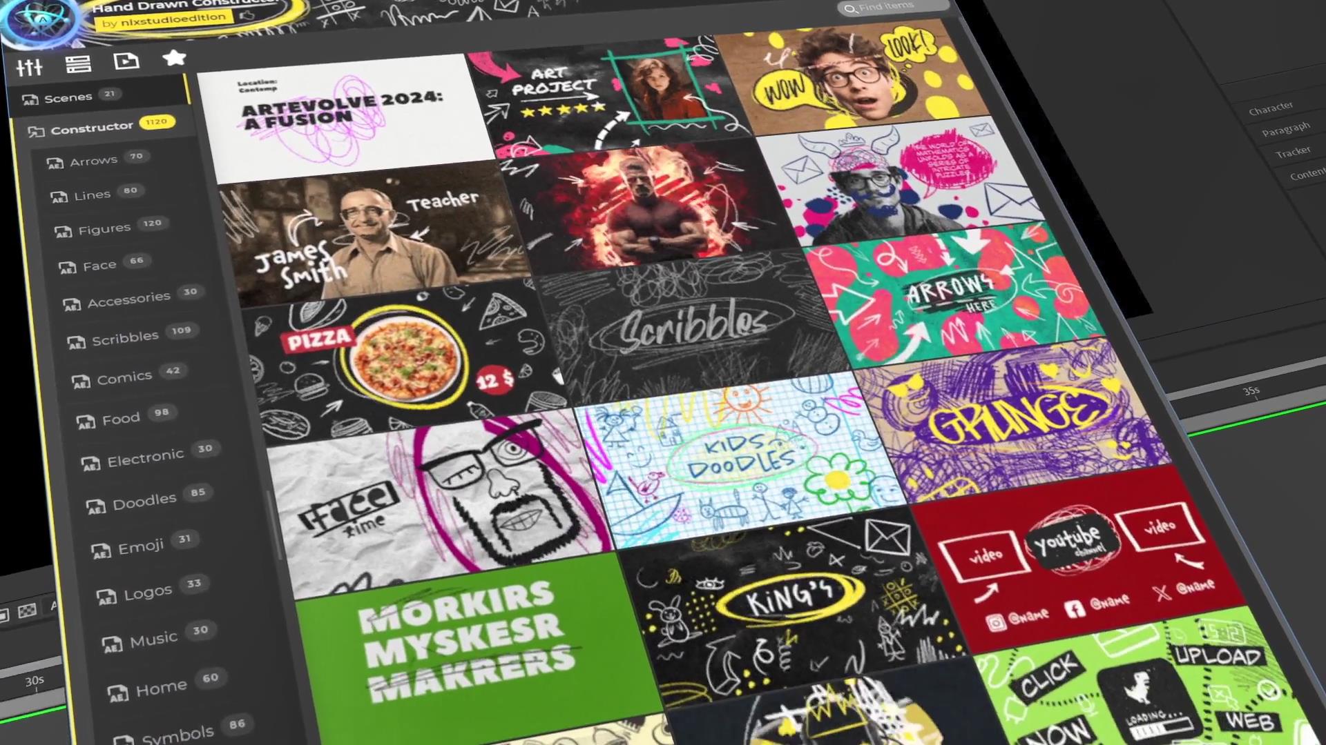 AE插件：1120个创意手绘涂鸦艺术箭头漫画插画线条标记数字表情符号场景标题背景视觉元素包 Hand Drawn Constructor 插件预设 sucaiwan.com