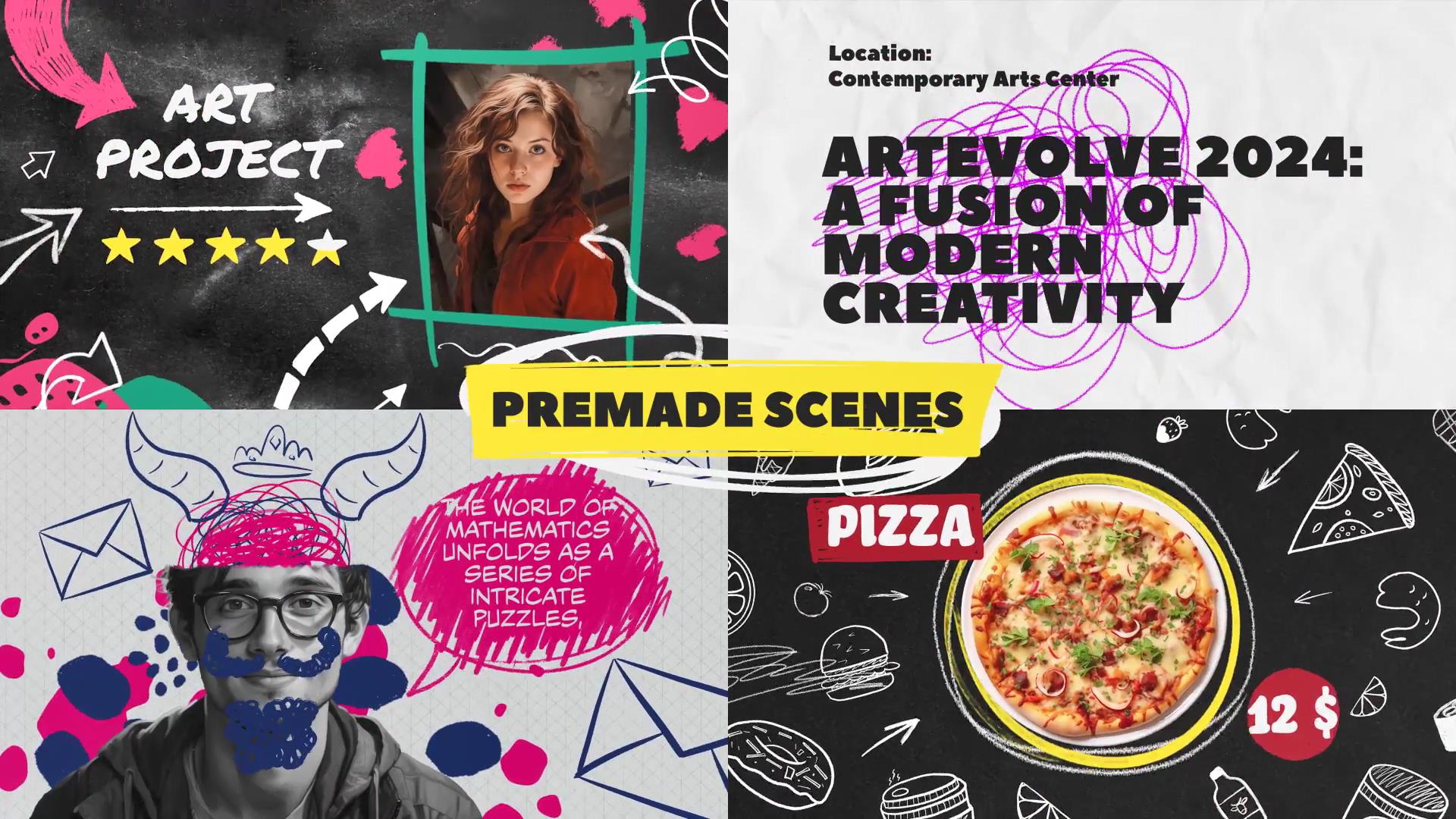 AE插件：1120个创意手绘涂鸦艺术箭头漫画插画线条标记数字表情符号场景标题背景视觉元素包 Hand Drawn Constructor 插件预设 sucaiwan.com