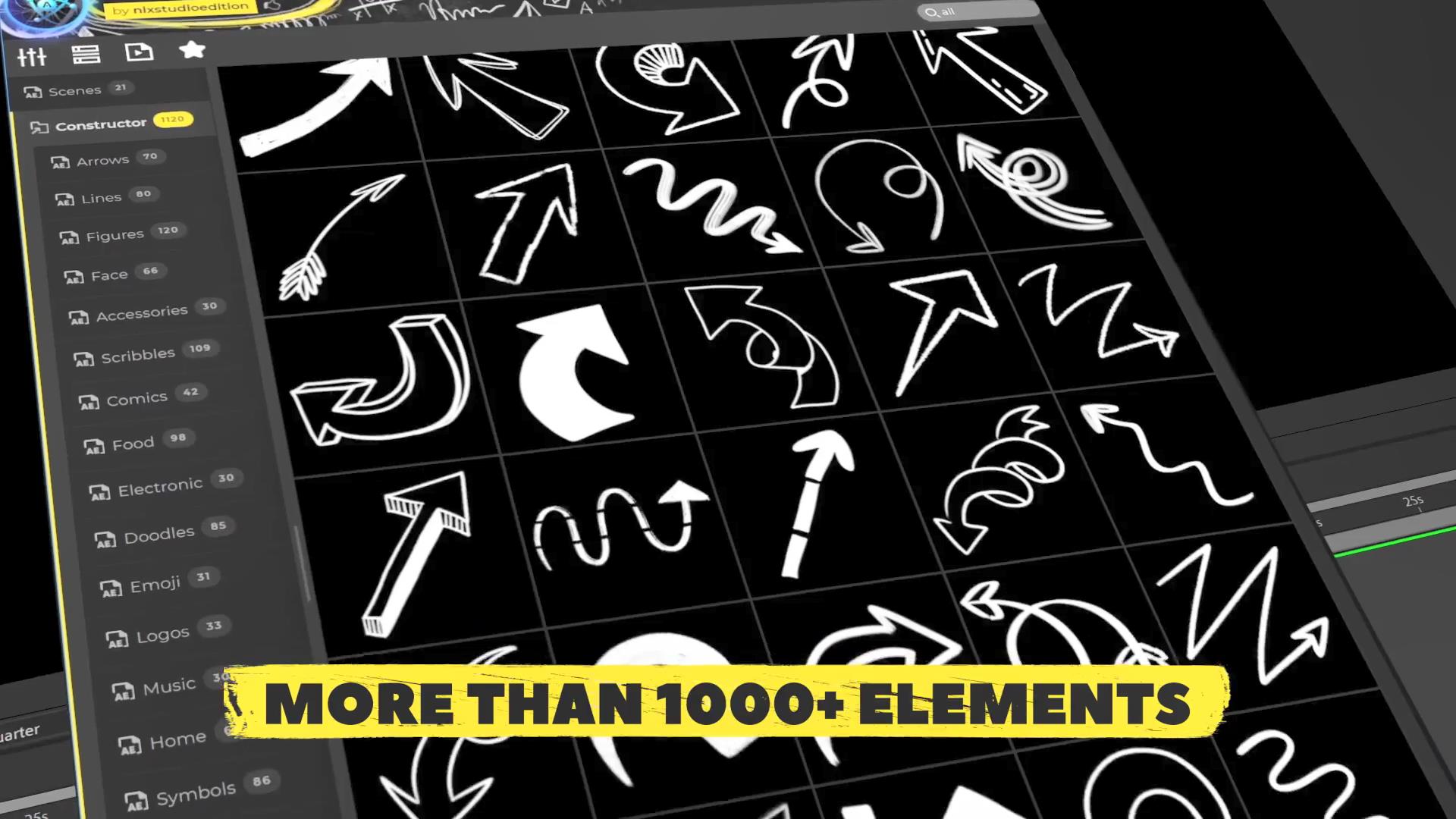 AE插件：1120个创意手绘涂鸦艺术箭头漫画插画线条标记数字表情符号场景标题背景视觉元素包 Hand Drawn Constructor 插件预设 sucaiwan.com
