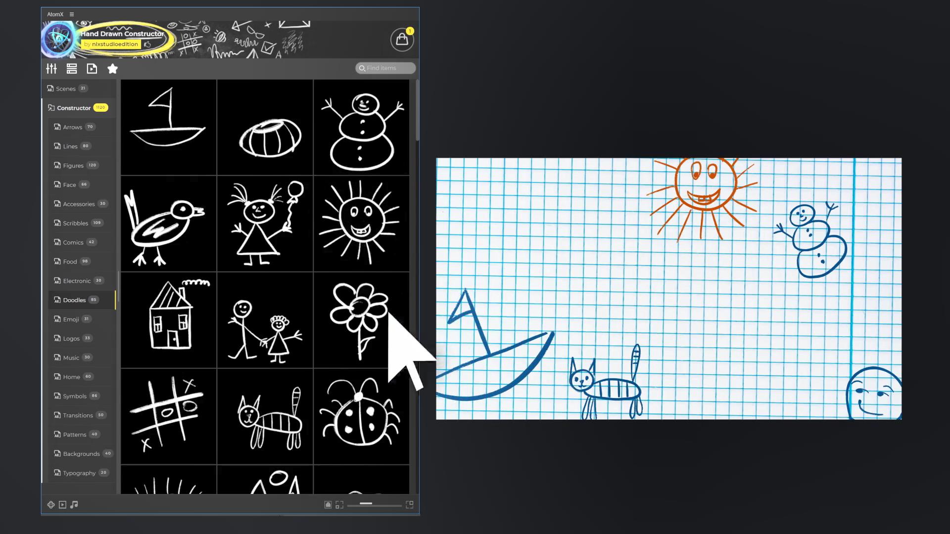 AE插件：1120个创意手绘涂鸦艺术箭头漫画插画线条标记数字表情符号场景标题背景视觉元素包 Hand Drawn Constructor 插件预设 sucaiwan.com