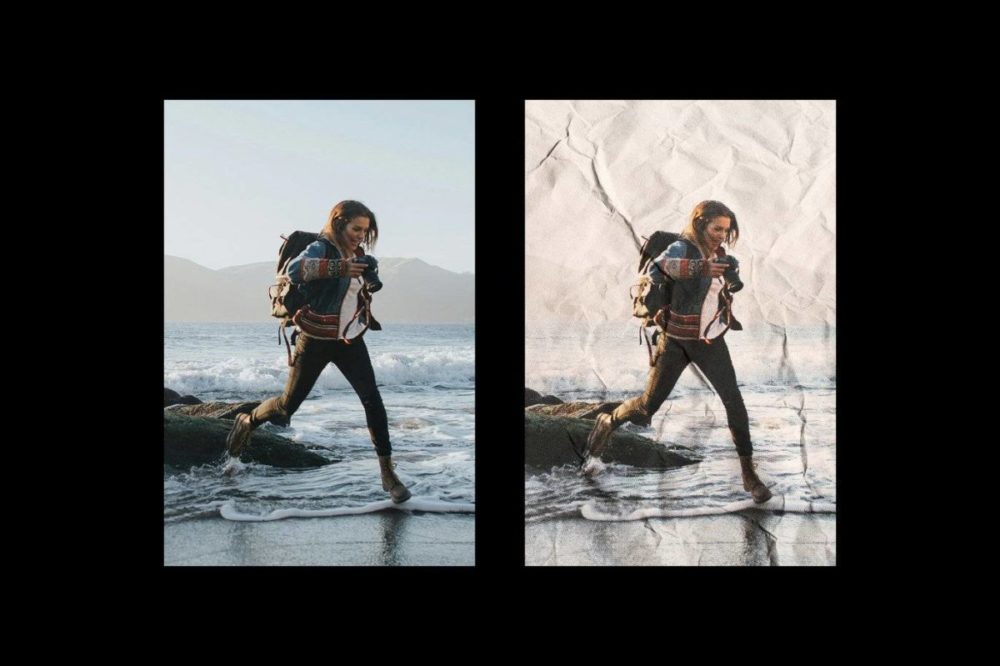 做旧老式褶皱半色调效果PS照片修图特效滤镜插件样机模板素材 Old Crumpled Paper Photo Effect 插件预设 sucaiwan.com