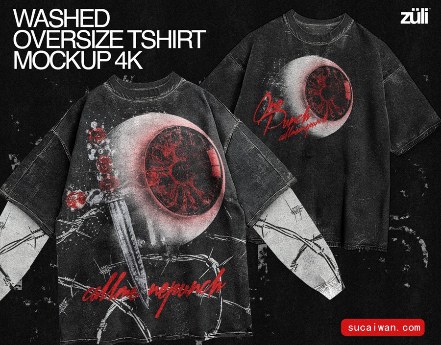 新潮前卫街头电音说唱风假两件圆领长袖套头T恤衫印花图案设计PS贴图样机模板 Realistic Oversize Washed T-Shirt Mockup 4k 样机素材 sucaiwan.com