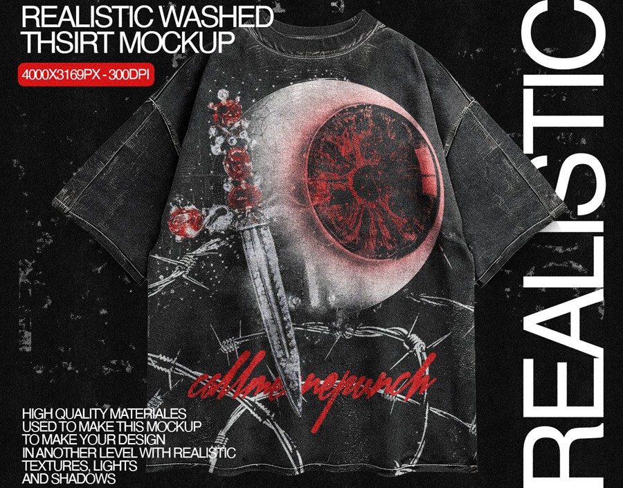 新潮前卫街头电音说唱风假两件圆领长袖套头T恤衫印花图案设计PS贴图样机模板 Realistic Oversize Washed T-Shirt Mockup 4k 样机素材 sucaiwan.com