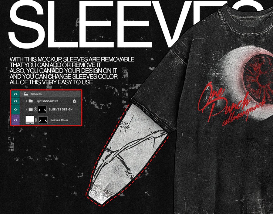 新潮前卫街头电音说唱风假两件圆领长袖套头T恤衫印花图案设计PS贴图样机模板 Realistic Oversize Washed T-Shirt Mockup 4k 样机素材 sucaiwan.com