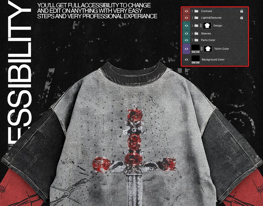 新潮前卫街头电音说唱风假两件圆领长袖套头T恤衫印花图案设计PS贴图样机模板 Realistic Oversize Washed T-Shirt Mockup 4k 样机素材 sucaiwan.com