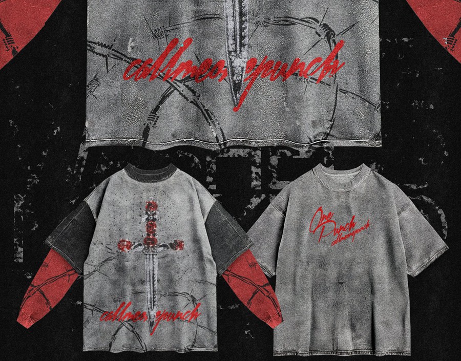 新潮前卫街头电音说唱风假两件圆领长袖套头T恤衫印花图案设计PS贴图样机模板 Realistic Oversize Washed T-Shirt Mockup 4k 样机素材 sucaiwan.com