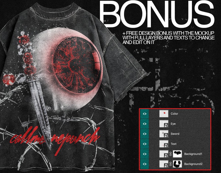 新潮前卫街头电音说唱风假两件圆领长袖套头T恤衫印花图案设计PS贴图样机模板 Realistic Oversize Washed T-Shirt Mockup 4k 样机素材 sucaiwan.com