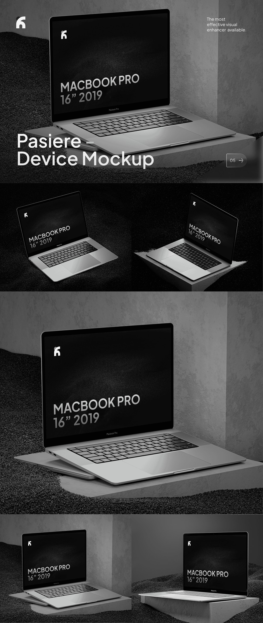 暗黑混凝土背景苹果MacBook Pro 16寸笔记本电脑贴图样机PSD模板素材 Pasiere – Macbook Pro Sand Mockups 样机素材 sucaiwan.com
