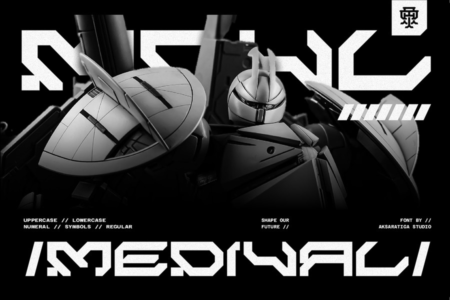 未来科幻赛博朋克硬核先锋机能机甲潮流几何风PSAI英文字体安装包 Medival Typeface Font 设计素材 sucaiwan.com